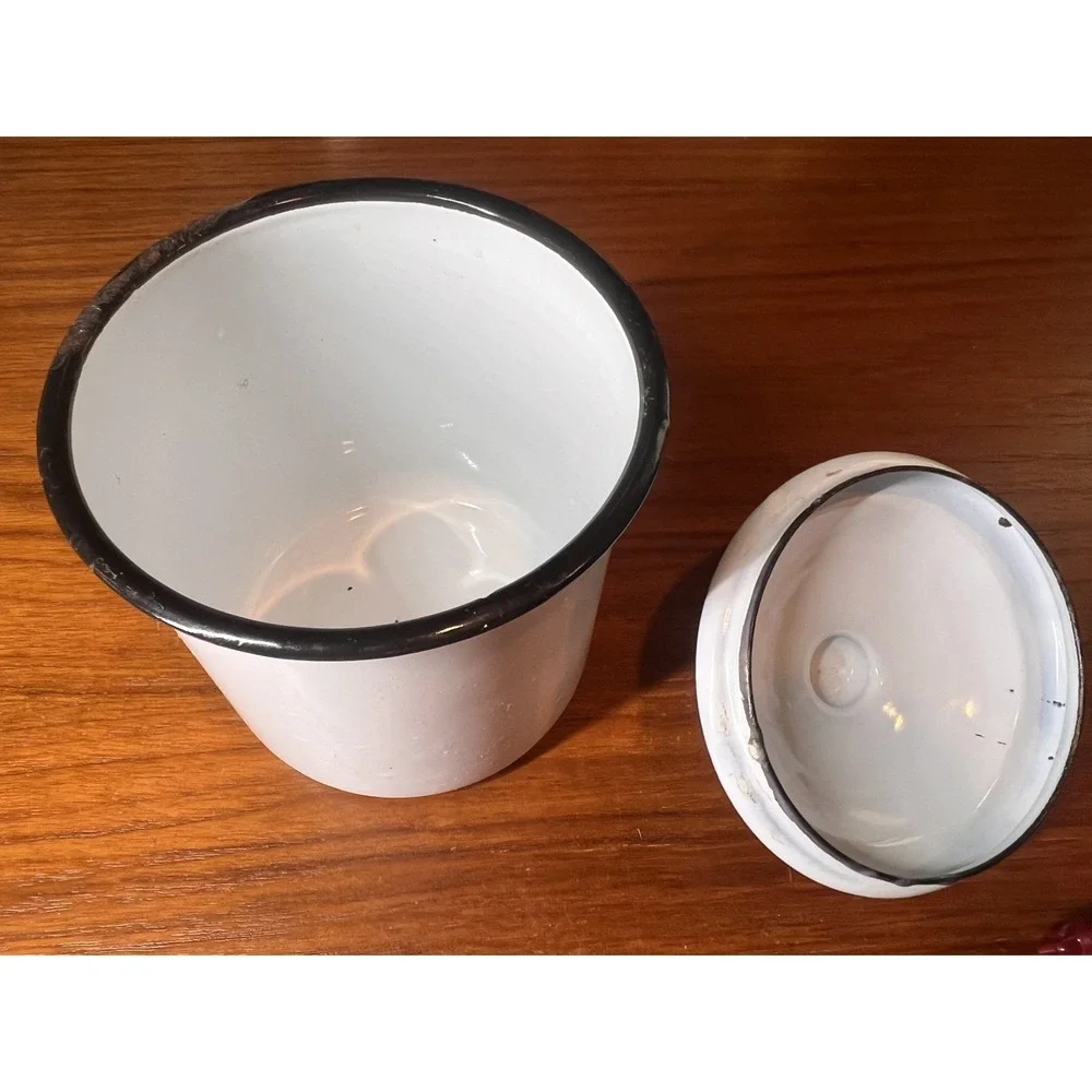 Vintage Enamelware Tea Canister White w/Black Trim Cottagecore Farmhouse